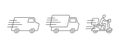 Fast delivery vehicles icon symbol. Motorcycle truck and van delivery. Thin line design for apps and websites.