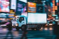 Fast delivery white truck travelling through the city streets Royalty Free Stock Photo