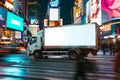 Fast delivery white truck travelling through the city streets Royalty Free Stock Photo