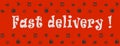 Fast delivery written in english with red background and shopping bags, trucks, transport carts...