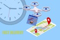 Fast drone delivery sushi in a package, food delivery concept illustration, drone control, delivery anywhere in the city