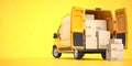 Fast espress delivery concept. Rear view of yellow delivery van with cardboard boxes on yellow background Royalty Free Stock Photo