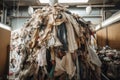 fast-fashion garment on hanger surrounded by plastic, paper, and cardboard waste