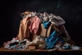 fast-fashion garment on hanger surrounded by plastic, paper, and cardboard waste