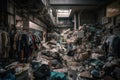 fast-fashion store, filled with discarded clothing and other textiles in chaotic pile