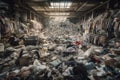 fast-fashion store, filled with discarded clothing and other textiles in chaotic pile