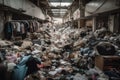 fast-fashion store, filled with discarded clothing and other textiles in chaotic pile