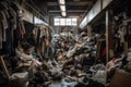 fast-fashion store, filled with discarded clothing and other textiles in chaotic pile