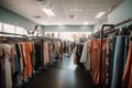 fast-fashion store, with racks of overstock dresses, shirts, and accessories