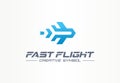 Fast flight creative symbol travel concept. High speed plane abstract business aviation logo. Jet arrow rocket route way