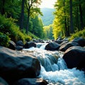 Fast flowing mountain stream cuts through dense trees , green, scenic Royalty Free Stock Photo