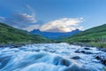 Fast flowing Tugela River and blue Amphitheatre