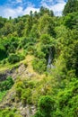 The fast flowing waterfall on the side of a forest covered cliff. Waioeka Gorge, North Island, New Zealand Royalty Free Stock Photo