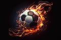 Fast flying burning soccer ball on fire with sparks on black background. Generative AI