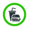 Fast food allowed, drinking and eating green sign with cocktail and hamburger icon on white background