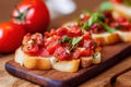 Fast food antipasto bruschetta with tomatoes and basil fried bread.