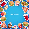 Fast food background flat style for design, banner, menu, card. Vector fast food background with burger, soda, fries, ice cream