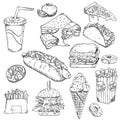 Fast food background. Snack collection. Junk food. Vector illustration, wallpaper, backdrop. Vintage hand drawn sketch