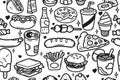 Fast food background, vector pattern of hamburgers, soda, donuts, pizza, etc. Royalty Free Stock Photo
