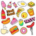 Fast Food Badges, Patches, Stickers - Burger Fries Hot Dog Pizza Donut Junk Food in Comic Style