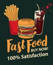 Fast food banner with cola, hamburger and fries