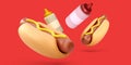 Fast food banner with 3d realistic flying hotdogs with ketchup and mustard isolated on red background. Vector illustration