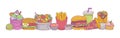 Fast food big set and border.French fries,burger,pizza,doner kebab,salad etc