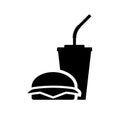 Fast food black icon. Fast food: hamburger, soda. Vector.