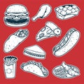 fast food black and white doodle hand drawn, drawing burger, frech fries, taco, burrito, hot dog, and pizza sanwich vector