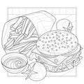 Fast Food. Burger, Fries And Sauce.Coloring Book Antistress For Children And Adults.