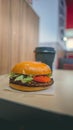 Fast food Burger. Hamburger table in fast food restaurant