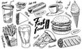 Fast food, burger and hamburger, tacos and hot dog, burrito and beer, drink and ice cream. Vintage Sketch for restaurant