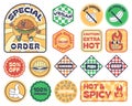 Fast food burger packaging stickers. Special order label, caution hot badge, meat type labels for Chicken, Fish and Beef