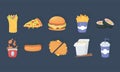 Fast food, burrito pizza burger french fries sushi soda chicken hot dog icons Royalty Free Stock Photo