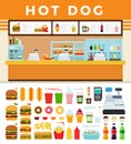 Fast food cafe with hot dog signboard vector illustration in a flat design.