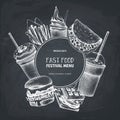 Fast food art. Engraved style design with vector drawing for logo, icon, label, packaging, poster. Street food festival menu with