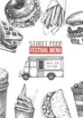 Food truck menu design template with hand drawn burgers, fries, desserts and drinks sketches. Fast food restaurant or cafe flyer o