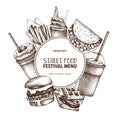 Fast food art. Engraved style design with vector drawing for logo, icon, label, packaging, poster. Street food festival menu with Royalty Free Stock Photo