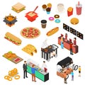 Fast Food Cart Cafe Sign 3d Icon Set Isometric View. Vector Royalty Free Stock Photo