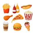 Fast food. Cartoon french fries, ketchup and hot dog, chicken and pizza, coffee and burger, popcorn and ice cream