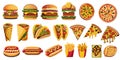 Fast food cartoon icon set flat style. Hamburger, hot dog, shawarma, pizza. Vector ai generated illustration Royalty Free Stock Photo