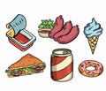 Fast food cartoon icon set. Hamburger, hot dog, shawarma, wok noodles, pizza and others for takeaway cafe design. Royalty Free Stock Photo