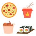 Fast food cartoon icon set. Pizza, chicken basket, wok noodles and sushi for takeaway cafe design. Royalty Free Stock Photo