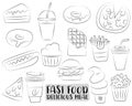 Fast food cartoon icons and objects set. Black and white coloring page kids game. Hand drawn Royalty Free Stock Photo