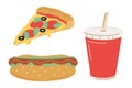 Fast food cartoon vector icon set. Pizza, hot dog, cola. Fast street food lunch or breakfast meal Royalty Free Stock Photo