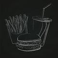 Fast food chalk silhouettes. Burger with salad, french fries and Royalty Free Stock Photo