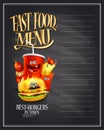 Fast food chalkboard menu vector template with hot dog, burger, french fries and drink as a cartoon personages