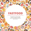 Fast food circle background. Burger meal cold drinks ice cream pizza and sandwich vector colored flat illustrations