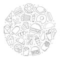 Fast food circle background from line icon. Linear vector pattern.