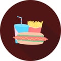 Fast food in circle icon with long shadow vector illustration. Fast-food of french fries, hot dog icon and soda drink illustration Royalty Free Stock Photo